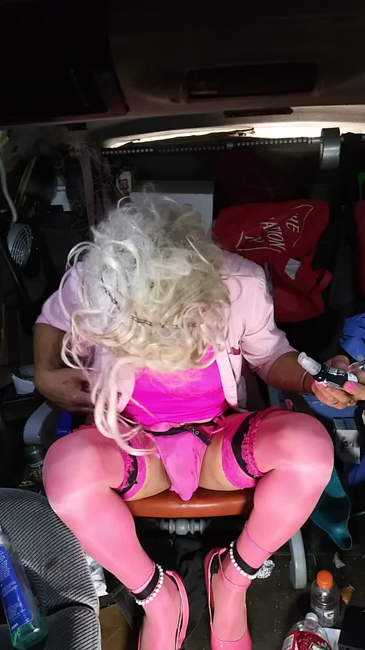 Glass penetration parking in pink hooker outfit