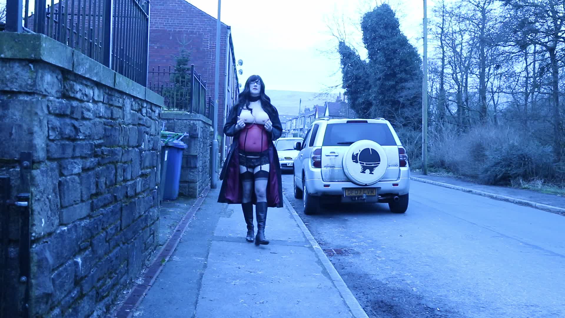 crossdresser outdoors on a residential street